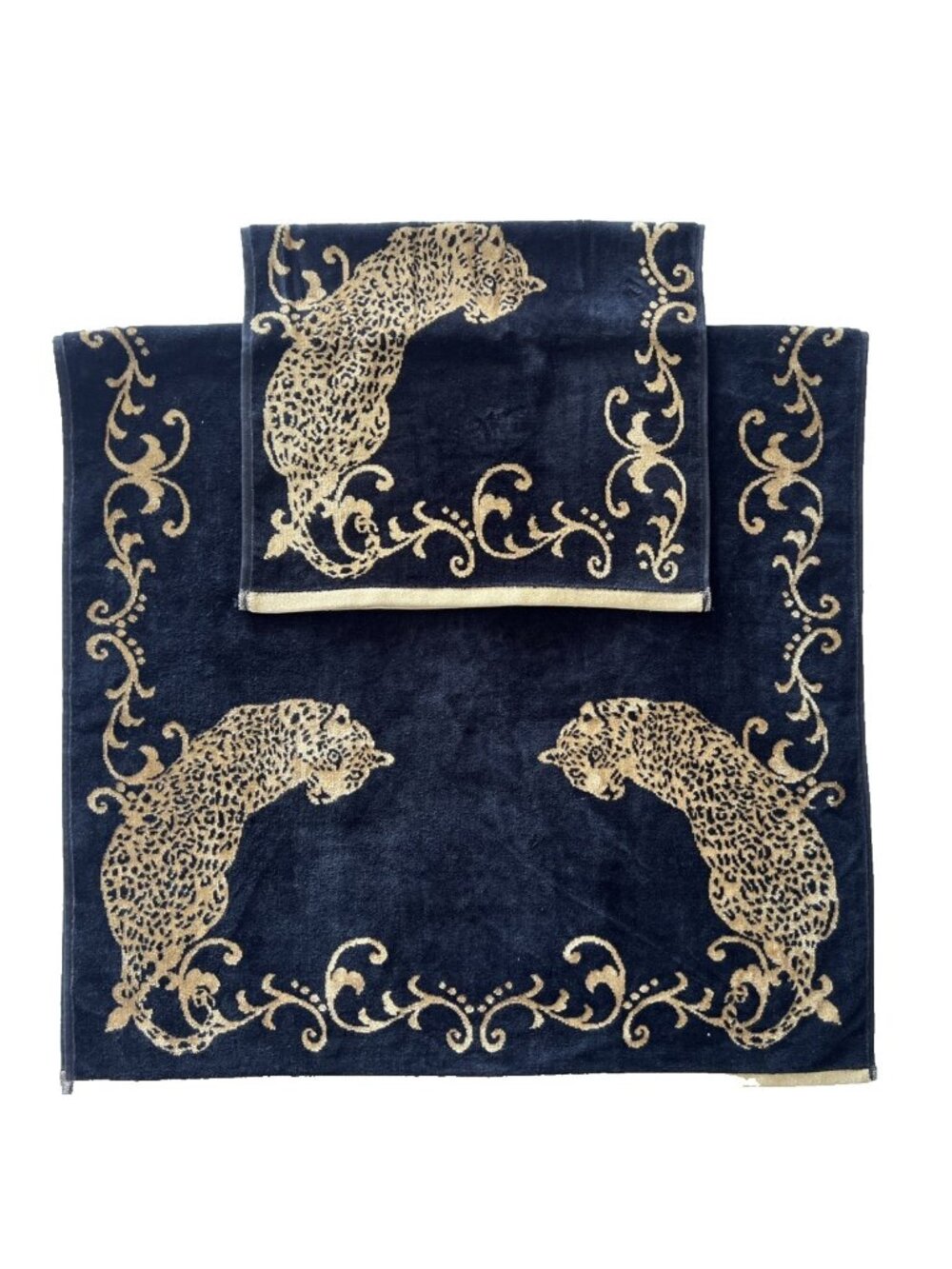Leopard Cheetah Bath Towel Set 2 Black Gold Reversible 100% Cotton Animal Print